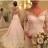 new illusion vestido de noiva white pearls lace mermaid wedding dress 2020 long sleeve wedding gown bride dresses lcnm22