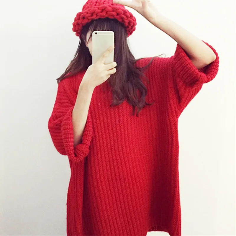 Women Autumn Winter Pullover sweater Solid Color Bat Sleeved Round Collar Loose Bottom Sweet femele clothes | Женская одежда