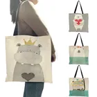 Эко-Льняная сумка-тоут с креативным мультяшным хиппотом, женские модные сумки, многоразовые сумки для покупок, школьные сумки через плечо