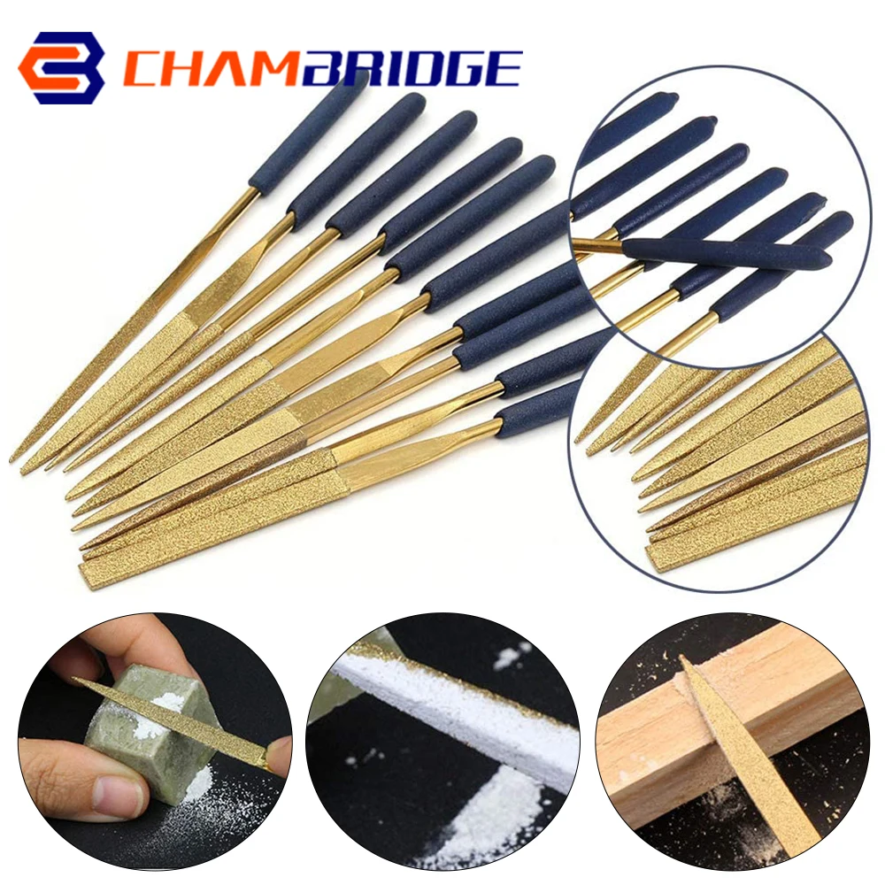 

10Pcs Titanium Coated Mini Diamond File Set 3x140mm Mini Modelling Files Diamond File for Metal Glass Stone Sanding Polishing