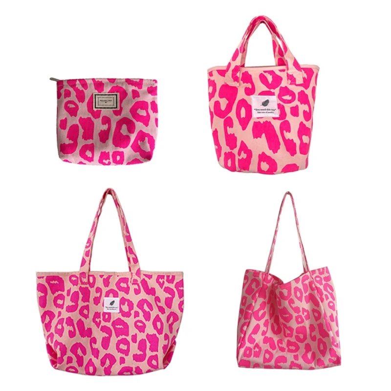 

C90E Casual Canvas Bucket Bag Pink Leopard Clutch Bag Large Capacity Shoulder