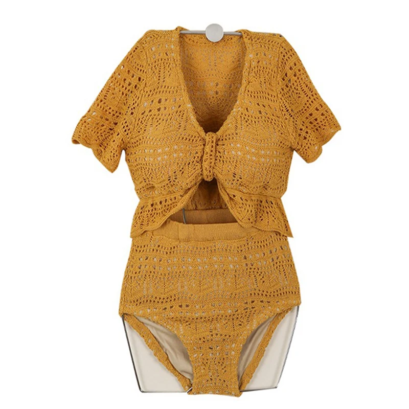 

2021NEW Women Tummy Control Swimsuit Two Piece High Waist Swimwear Crochet V Neck Set Two Pieces Bathing Hollow knitted swimsuit
