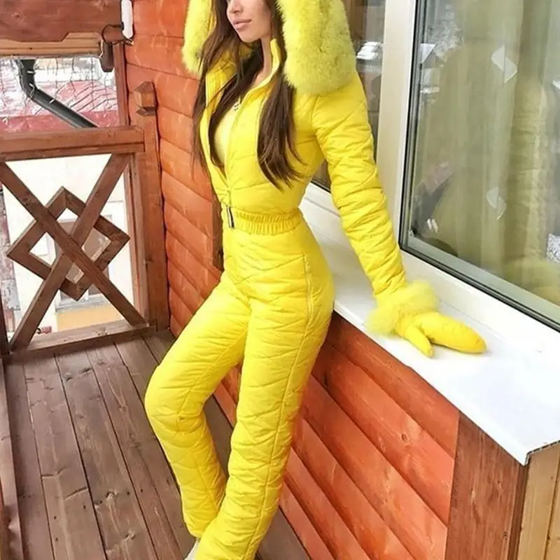 Женский зимний толстый комбинезон с капюшоном теплый однотонный пояс меховой