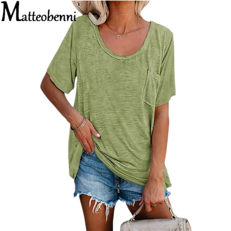 

2021 Summer Women New Short Sleeve Pocket T-Shirts Fashion Loose Solid Color O-Neck T-Shirt Tops Casual Streetwear T-Shirts Top