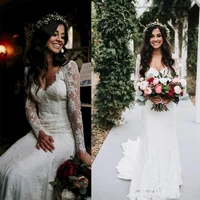 elegant country full lace mermaid wedding dresses v neck long sleeve applique floral beach african wedding bridal gowns
