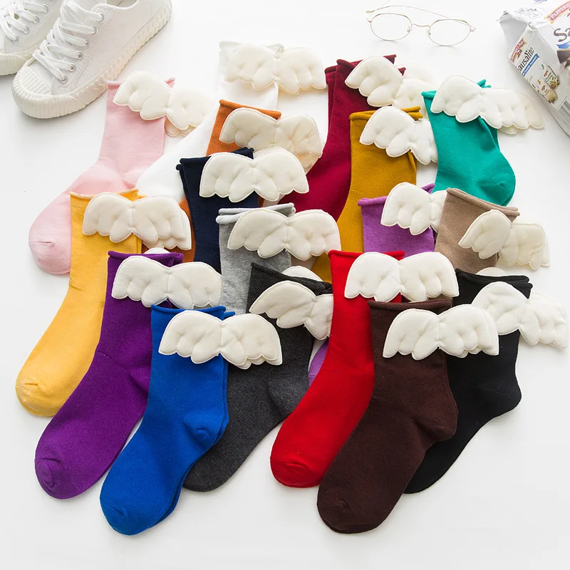 3D Angel wing socks for girls women Sweet Kawaii Student Soft Cotton Princess Socks Solid Candy Color Middle tube Curling