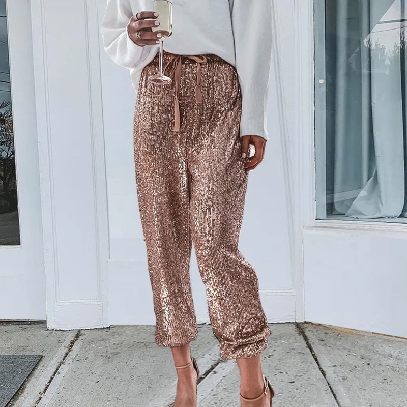 

Gold Sequin Shiny Wide Beam Leg Pants Sexy Elastic Women Casual Party Harem Pants High Waist Lace Up Trousers Streetwear