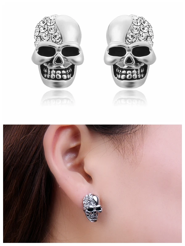 Стразы в стиле панк рок с черепами и кристаллами Серебристые серьги гвоздики для