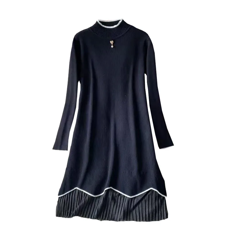 

New winter wool dress in fashion show thin collar loose off two long long sleeve knit dress
