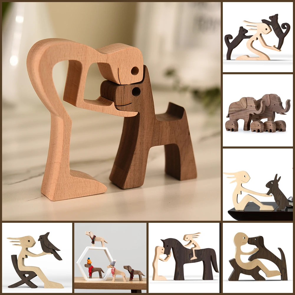

Family Puppy Wood Dog Craft Figurine Desktop Table Ornament Carving Model Creative Home Office Decoration Love Pet Sculpture