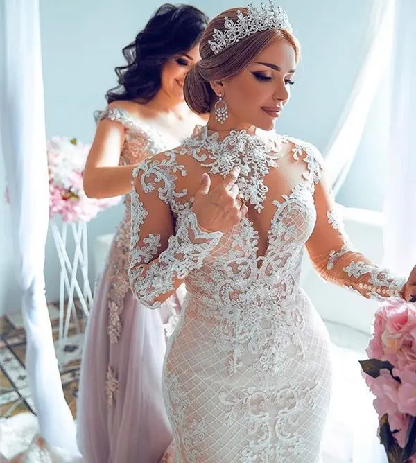 

Luxurious 2020 African Mermaid Wedding Dresses With Detachable Train High Neck Lace Bridal Dress Long Sleeves Hot Sale