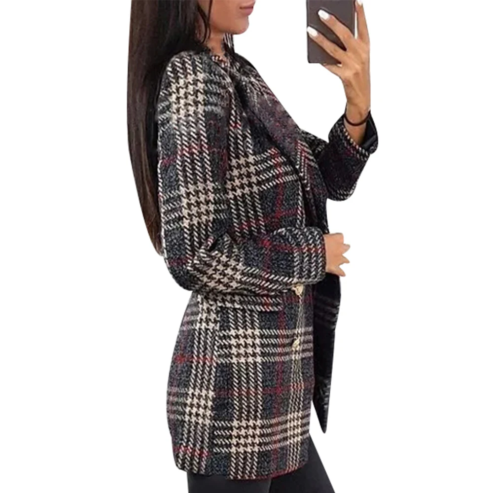 Клетчатое длинное пальто модное женское двубортное зимнее элегантное тонкое