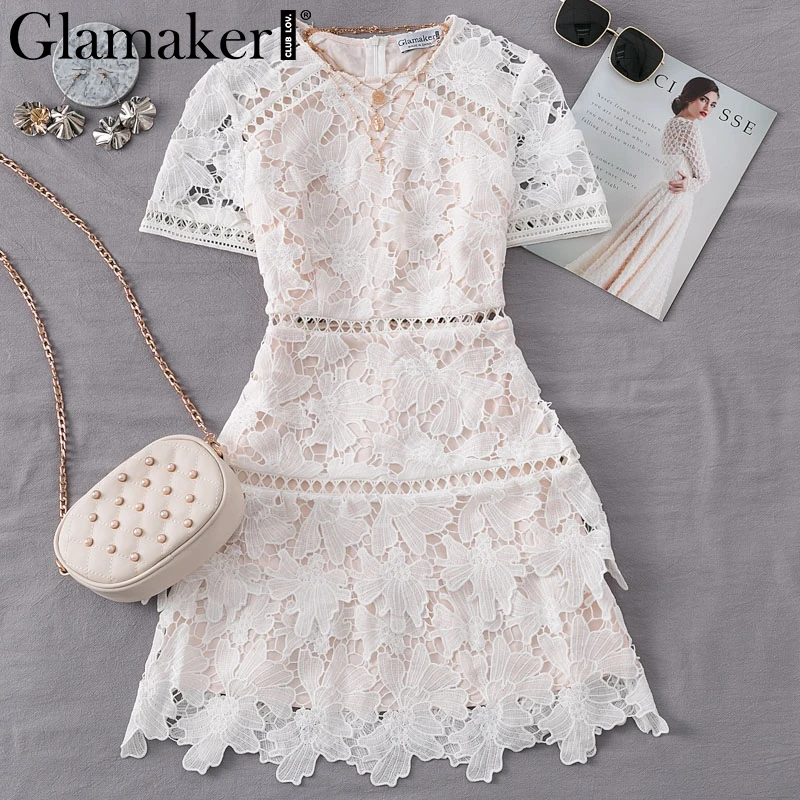 Glamaker, сексуальное белое короткое Кружевное Вечернее Платье, женское осеннее платье трапециевидной формы с цветочным рисунком, элегантные различные модели для девочек