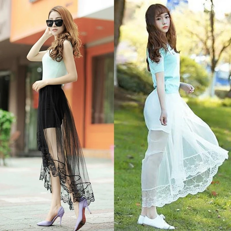 Long Sexy Lace Skirts Section Skirt Jupe Tulle Black and White |