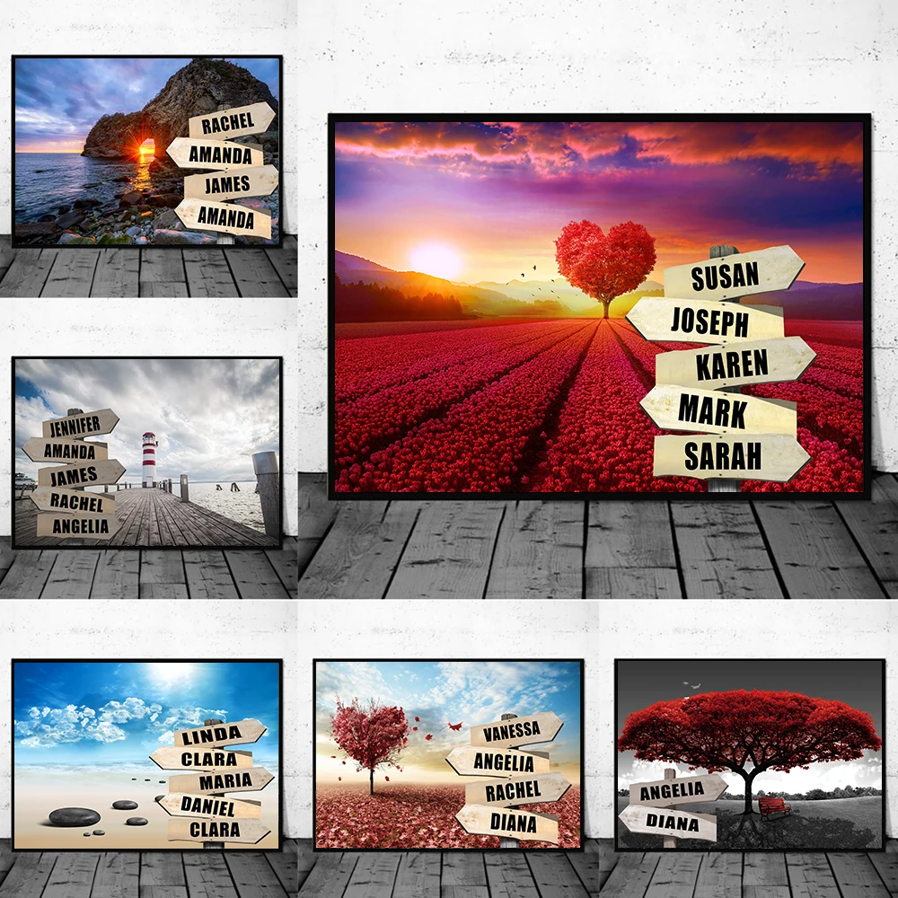 

Custom Names On Road Sign Canvas Painting Personalized Wall Art Posters and Prints Pictures Family Couple Gifts for Anniversary