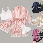Женская шелковая атласная пижама из 4 предметов, комплект сексуального нижнего белья с подвязками, халаты, Кружевное боди, нижнее белье с глубоким v-образным вырезом, новинка 2021