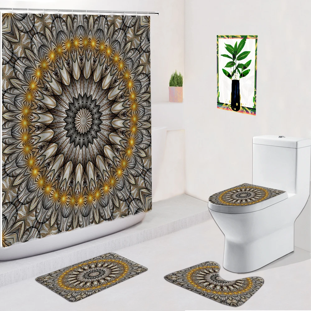 

Bohemian Mandala Bathroom 4Pcs Set Shower Curtains Washable Flannel Toilet Cover Mat Non-Slip Bath Rug Ethnic-Style Curtain