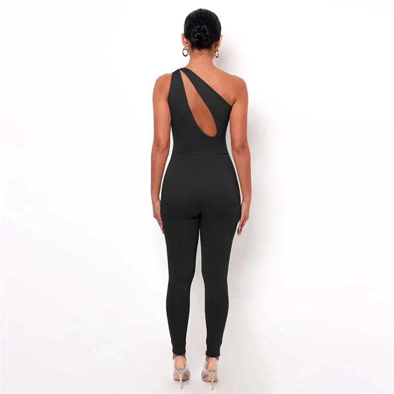 One Shoulder Skinny Jumpsuits Hollow Out White Jumpsuit Solid Workout Overalls For Women Casual Outifits Rompers