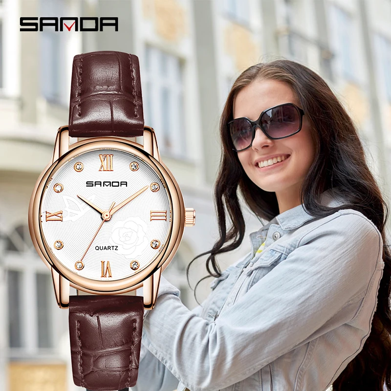 

SANDA Popular Leather Women Watches Luxury Fashion Flower Dial Design Dress Ladies Clock Brown Quartz Watch relogio feminino