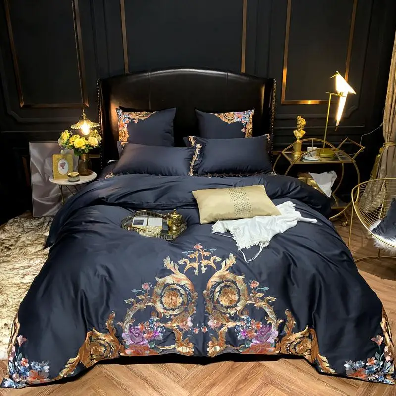 

38Ultra Soft Egyptian Cotton Navy Blue Bedding set Queen King size 4/7PCS Premium Embroidery Duvet cover Bed Sheet Pillow shams