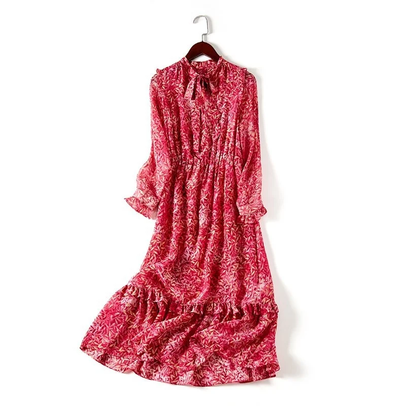 

100% Real Silk Summer Dress Vintage Elegant Midi Office Dress Women Clothes Ladies Dresses Long Sleeve Dress Vestidos MY