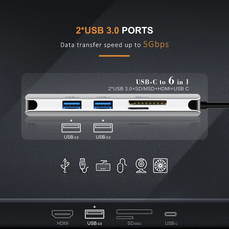 Кабель USB C HUB Type к 3 0 HDMI 4K TF SD кардридер 6 в 1 зарядное устройство для ноутбука ПК