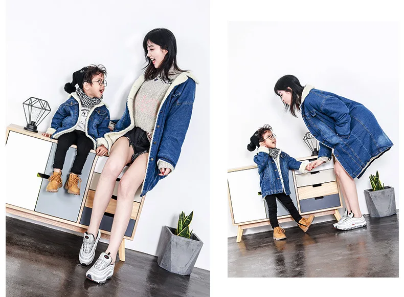 Платье для мамы и дочки одежда для мамы и дочки мех ягненка длинная джинсовая куртка г. Новые модели Осень-зима