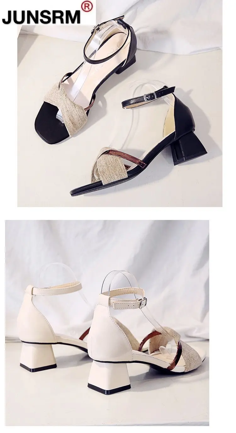 

Women Sandals Summer Med Chunky Heel Open Toe Cover Heels Leather Pumps Shoes Lady Fashion Elegance Heels Sandals