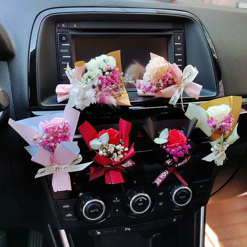 

Mini Rose Bouquet Car Air Vent Clip Creative Dried Flowers Mini Bouquet Car Perfume Air Freshener Gypsophila Carnation Ornament