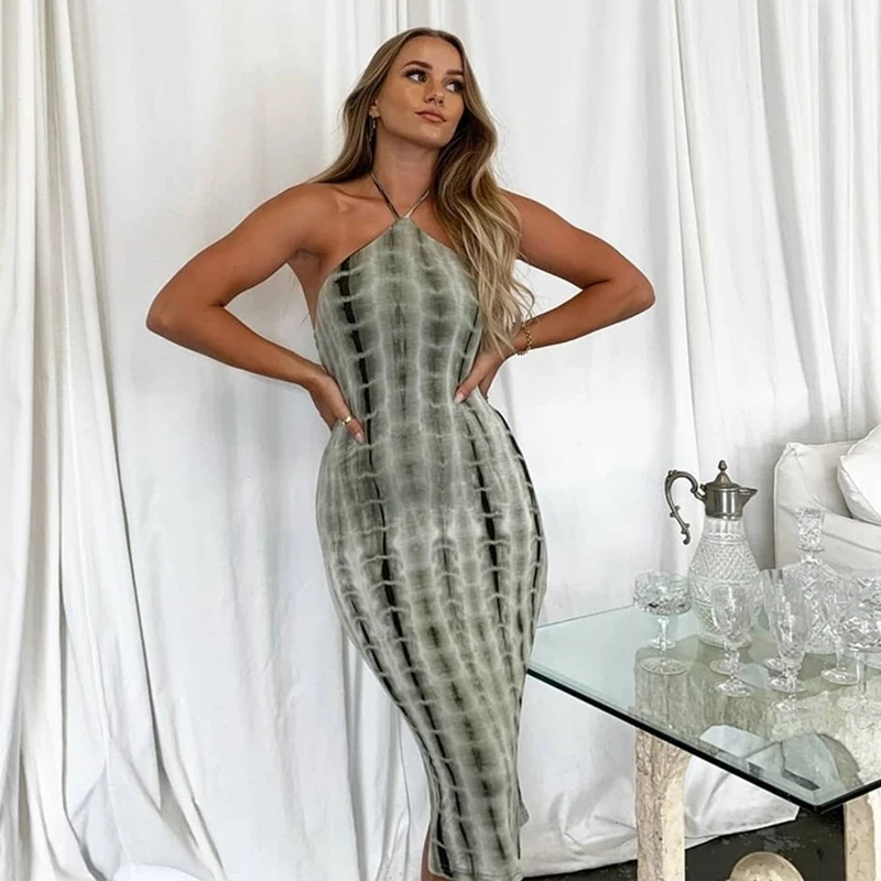 

Женское длинное платье с принтом, без рукавов, с открытой спиной