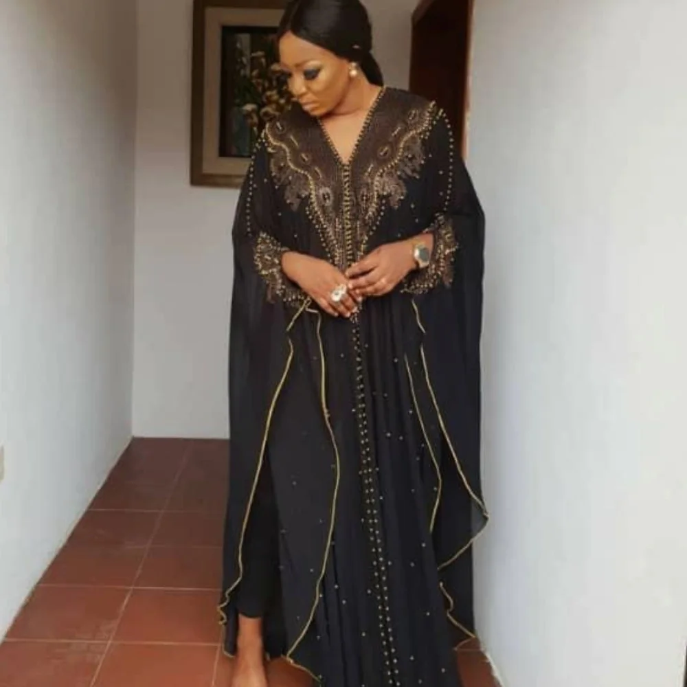 Женское шифоновое платье с бисером черное в африканском стиле|Африканская