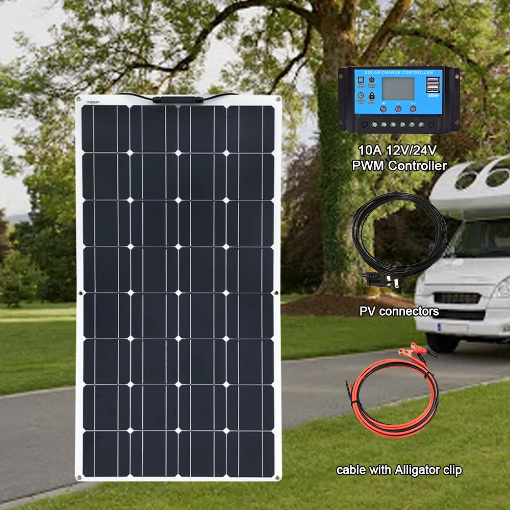 

100w 200w 16v Flexible solar panel Module 10A 20A Controller for Car RV Boat Home Roof Vans Camping 12V 24V Solar Battery