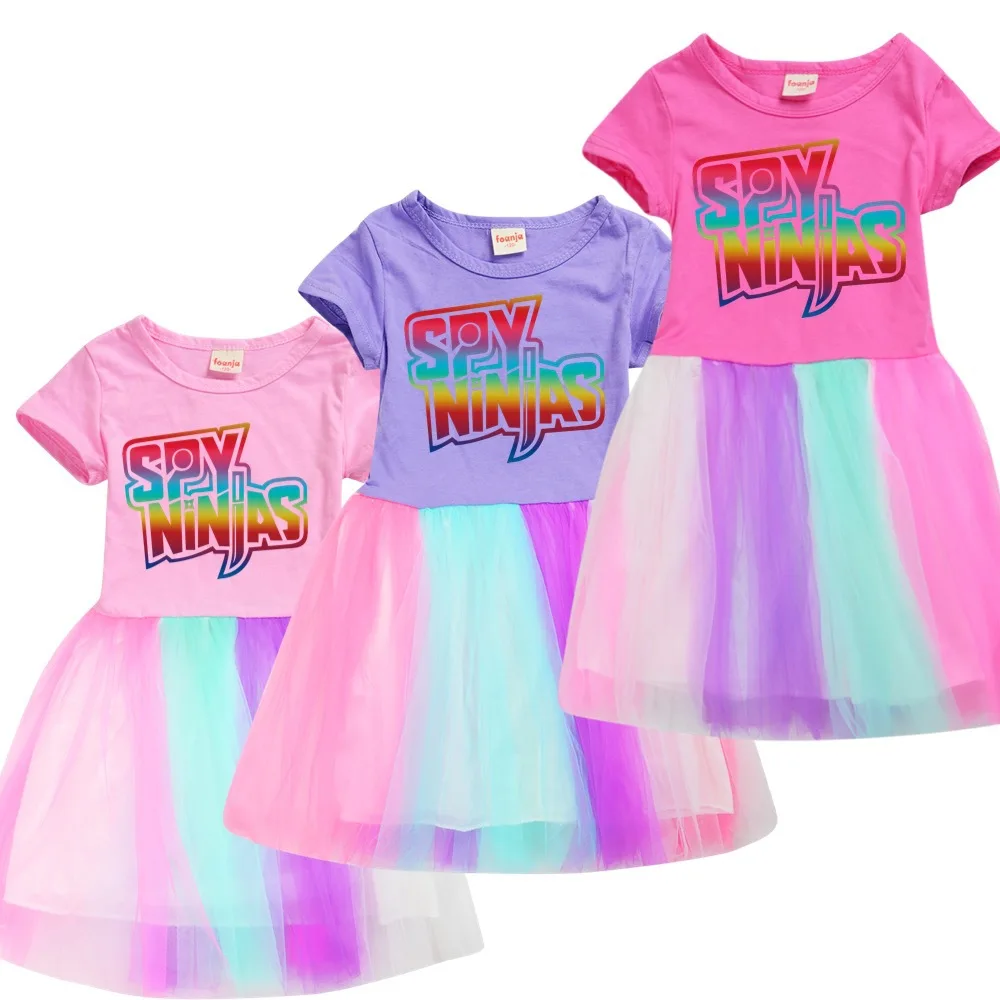 

Spy Ninjas A Kids Clothes Knee-Length Dresses Cotton Rainbow Full Dress Teenagers Cartoon Girls Clothing Party Clothes