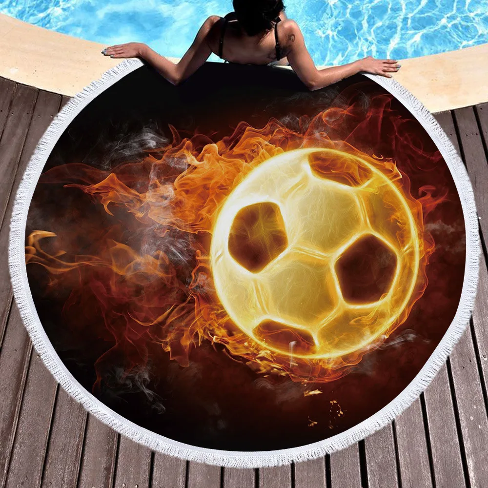

Sports Soccer Ball Printed Large Round Beach Towel Microfiber Fabric Super Absorbent Bath Towels Yoga Towel With Tassel