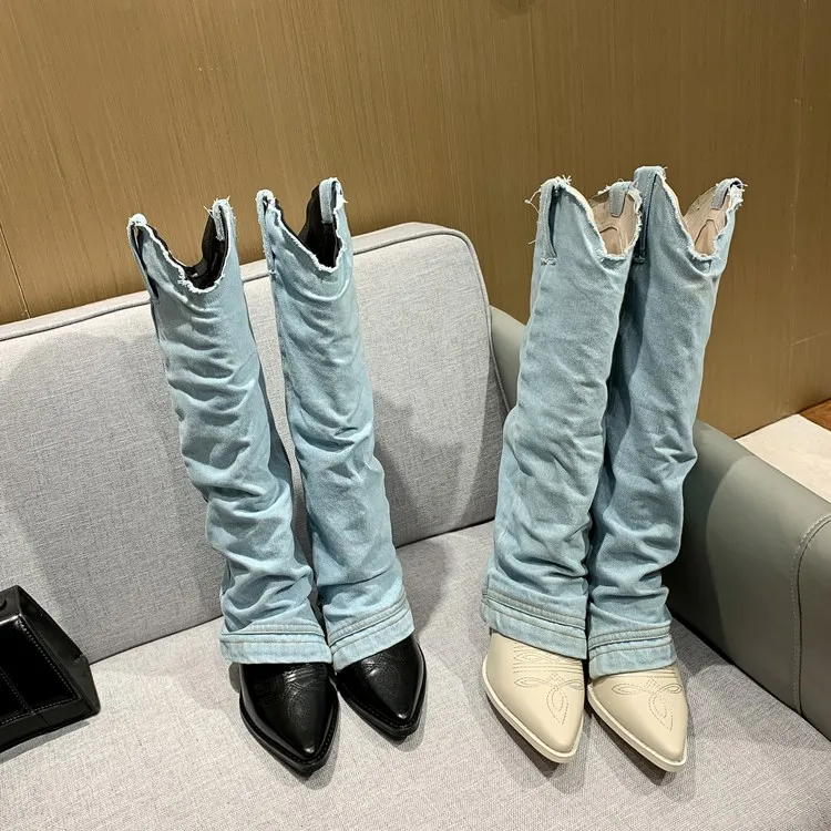 Western Hot Denim Cloth Foldover Boots Woman Cow Leather Patcwork Knee Boots Chunky Heel Pointed Toe Boots Slip On Knight Boots