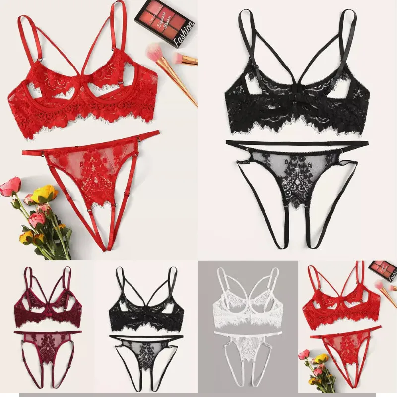 

Sexy Hot Women Lace Floral Bralette Lingerie Set Transparent Erotic Red Push Up Bra G-string Set Lingerie Sleepwear Underwear