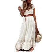 

Summer Dress Women Vintage V Neck Belt Ladies Long Party Dress Female Solid Hollow Out Lace Loose Bohemian Maxi Dresses Vestidos