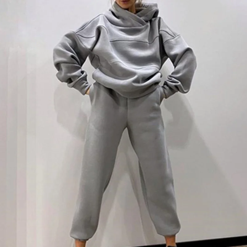 

Women Fleece Tracksuit Winter Sportswear Autumn Elegant Solid Hooded Pullover And Pocket Pants Suits Hoodie Sweatshirts 2pcs Set