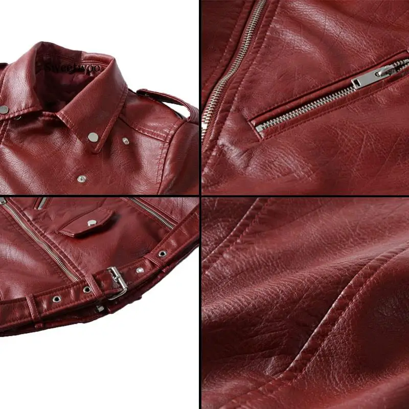 Zipper PU Leather Jacket Short Motorcycle Jackets With Belt Classic Basic Spring Women Faux Leather Outwear