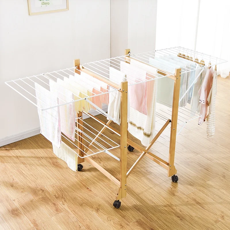 

Beech wood framework solid wood clothes hanger solid wood card slot floor folding indoor clothes hanger durable iron plate house