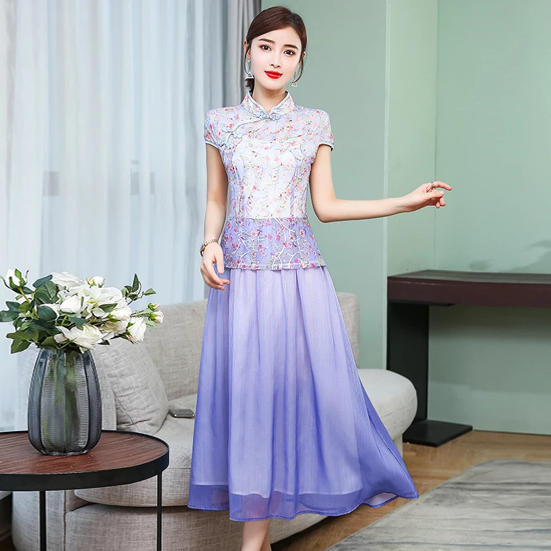 

New Arrival 2020 Women Summer Dress Chinese Style Fake Two Piece Improved Cheongsam Dress Elegant Vintage Dress