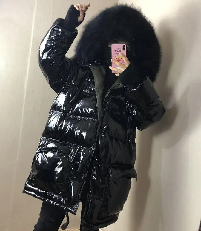 black- black fur Зимняя куртка, Женское пальто, парка на утином пуху, большой меховой воротник из натурального меха енота, с капюшоном, свободная глянцевая лакированная кожа, зимняя одежда, водонепроницаемая - Цвет: black- black fur