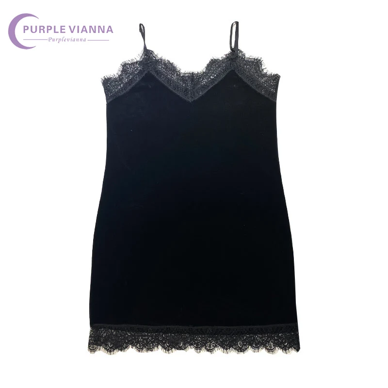 

Gold Velvet Stitching Lace Suspender Dress Female Autumn And Winter New Style European And American Sexy Style Solid Color Inner
