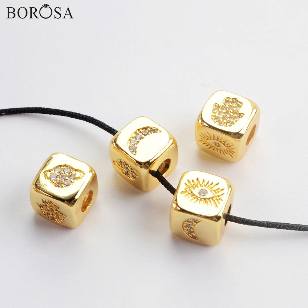 BOROSA Moon Pattern CZ Micro Pave Different Patterns Metal Beads for Jewelry Making Square Shape Gold Bracelets WX1338 | Украшения и