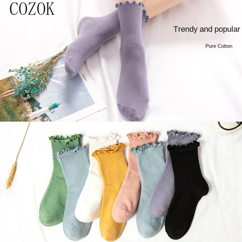 

COZOK Spring Women's Socks Solid Color Thin Harajuku Happy Women's Socks Cotton Colorful Kawaii Girls Fun Frill Riding Socks