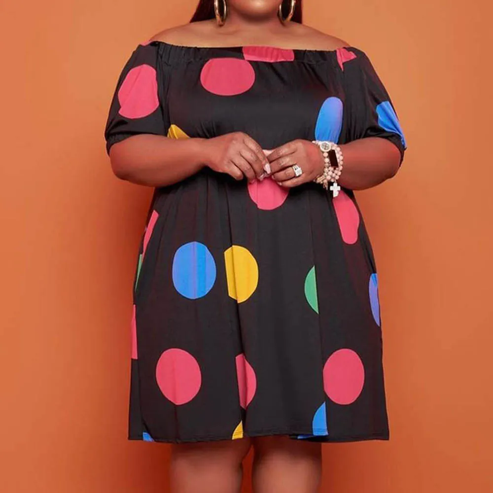 Платье женское винтажное в горошек размера плюс с воротником-лодочкой