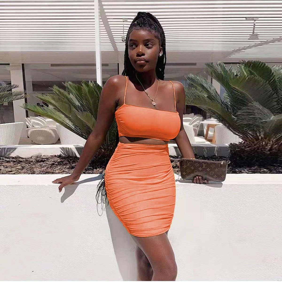 

TITAME Sexy Two Piece Set Women Ruched Backless Dress Club Outfit Bodycon Spaghetti Strap Crop Top And Mini Skirt Sexy Summer