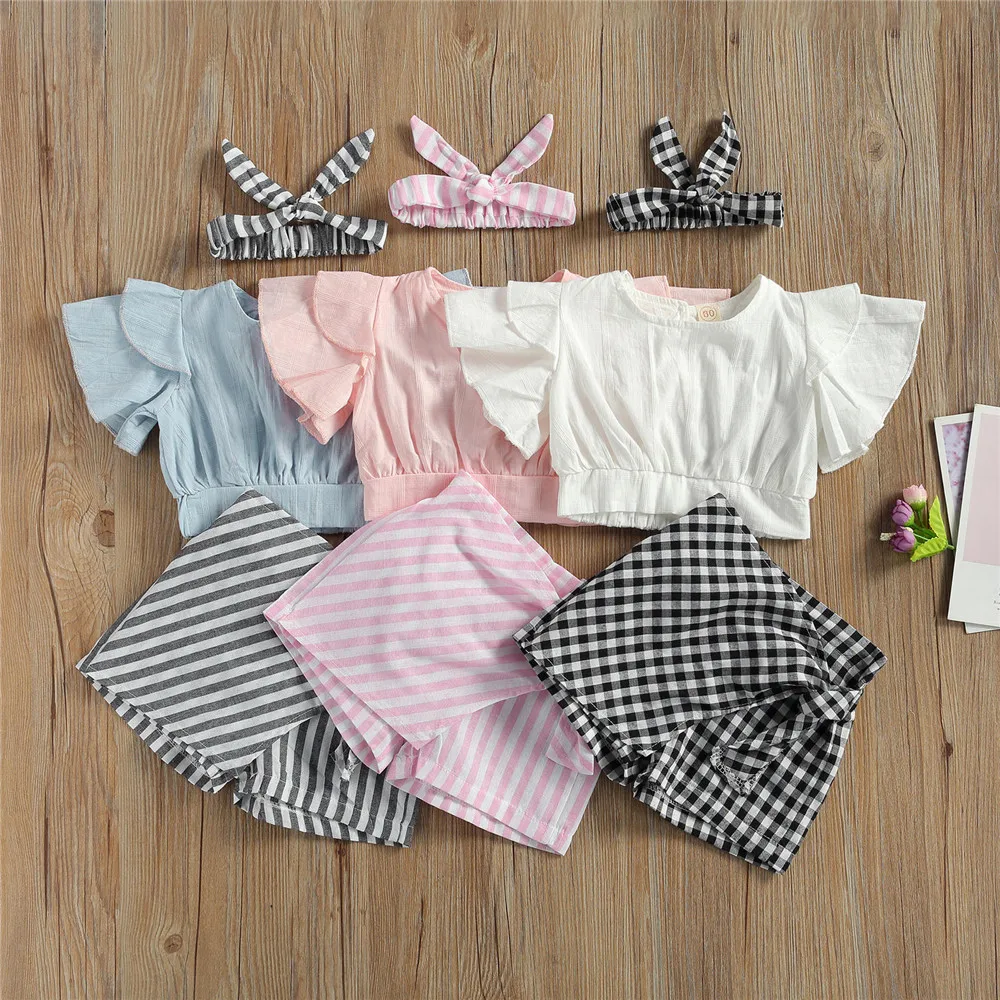 

WenaZao Infant Toddler Baby Kids Girls Three Pieces Outfits Sets Round Neck Short Pagoda Sleeve Tops Stripe Skirt Bow Hairband
