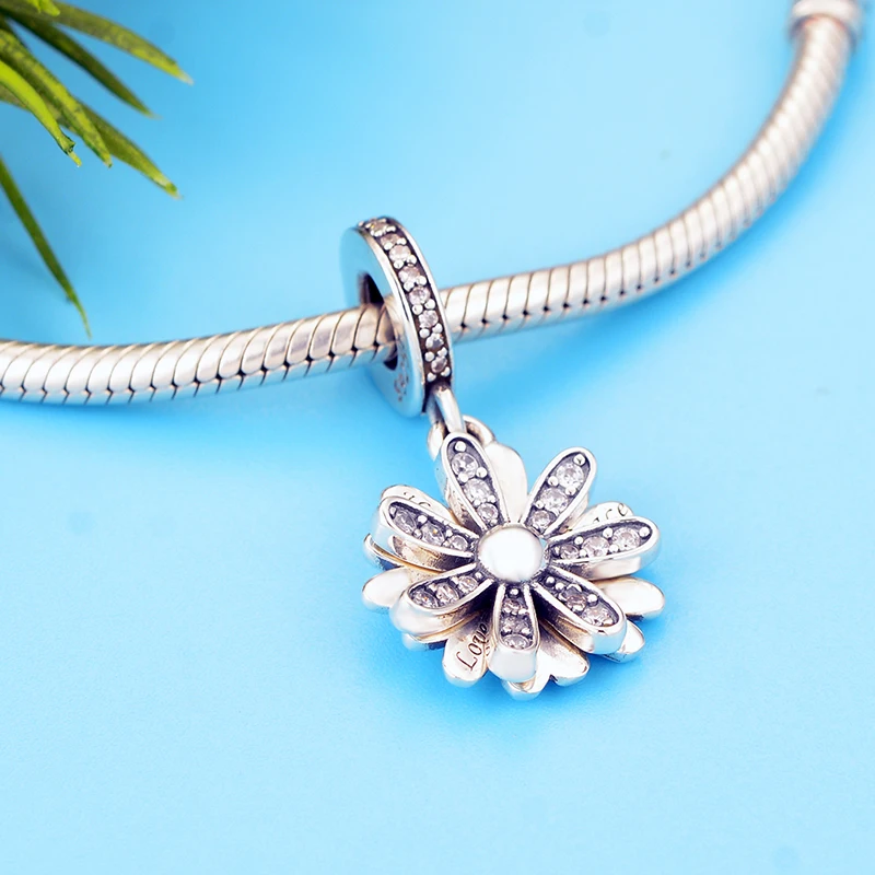 

925 Sterling Silver Sparkling Daisy Flower Dangle Charms Beads Fit Original Snake Charm Bracelet DIY Jewelry Making berloque