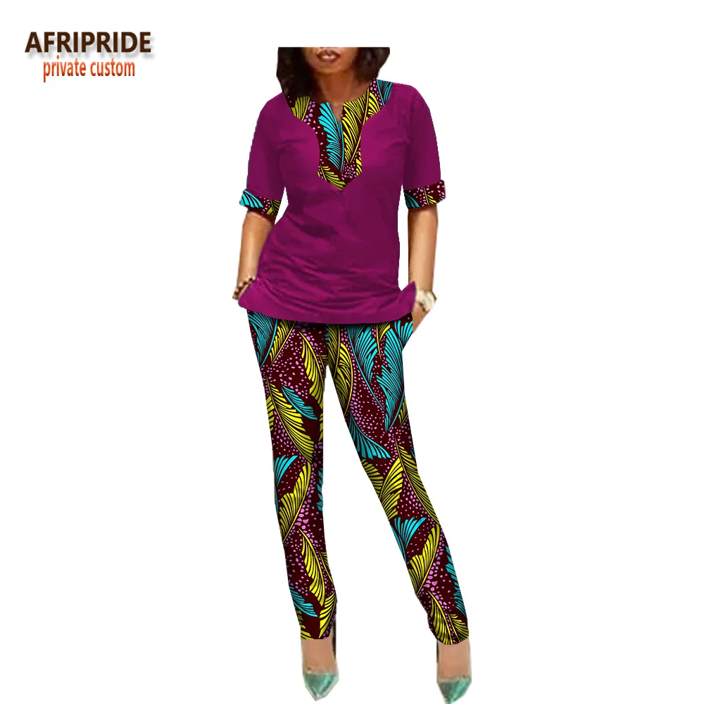 Afripride, африканские брюки, костюм для женщин, сделанный на заказ, половина рукава, блузка+ длинные узкие брюки, Женский Повседневный хлопковый костюм A1826005 - Цвет: 547J